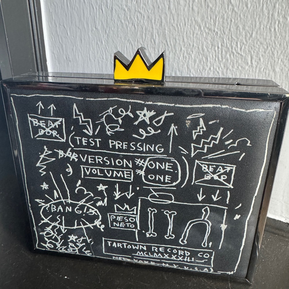 Alice + Olivia Black Basquiat Beat Bop Leather evening bag purse clutch